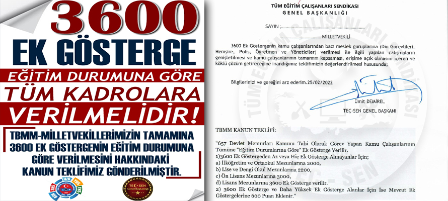 TBMM- MİLLETVEKİLLERİMİZİN TAMAMINA 3600 EK GÖSTERGENİN EĞİTİM DURUMUNA GÖRE TÜM KAMU ÇALIŞANLARINI KAPSAMASI İLE İLGİLİ KANUN TEKLİFİMİZİ GÖNDERDİK!